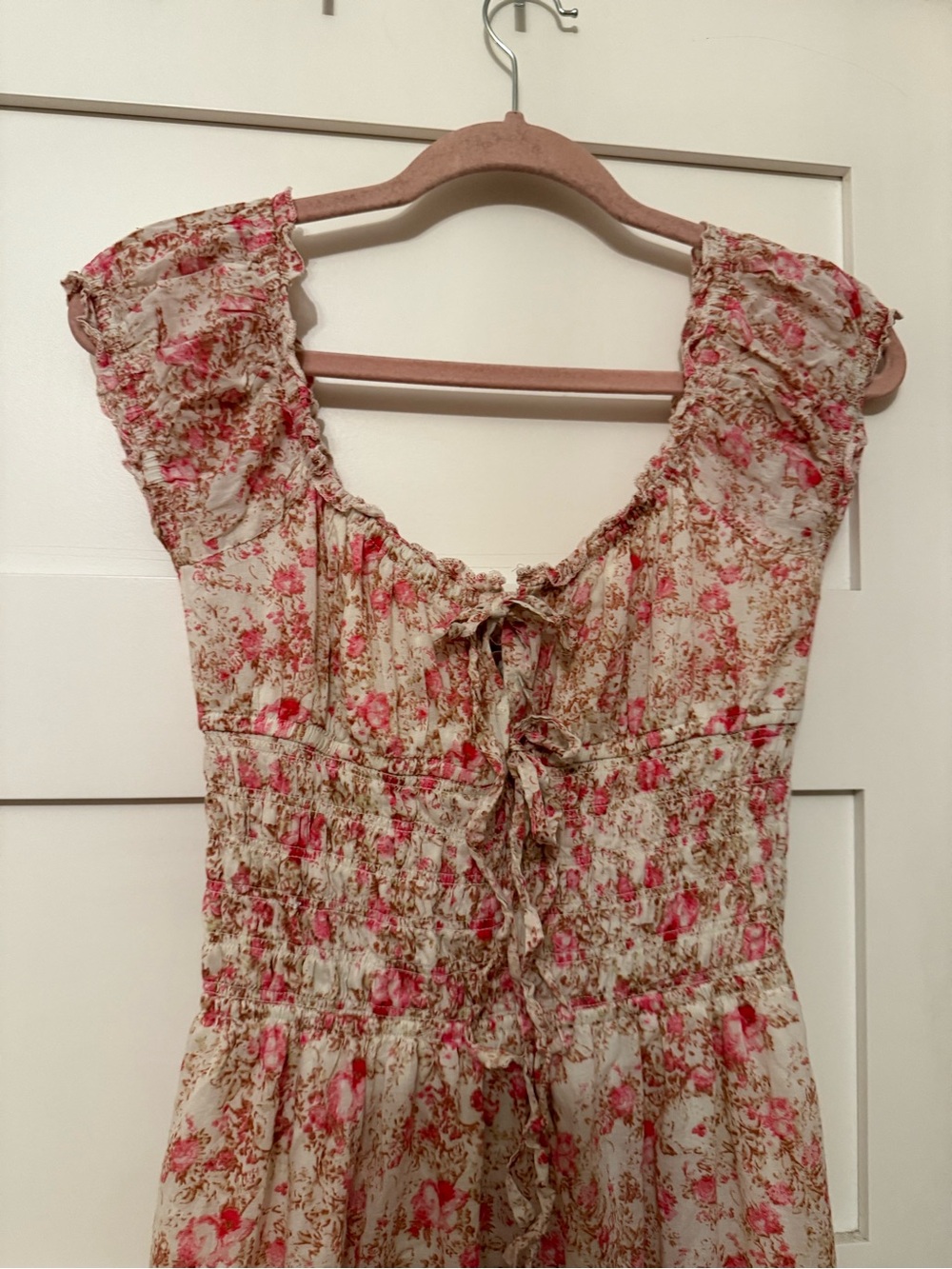 Smocked Floral Maxi Dress in Cream and Pink - Picture 2 of 9